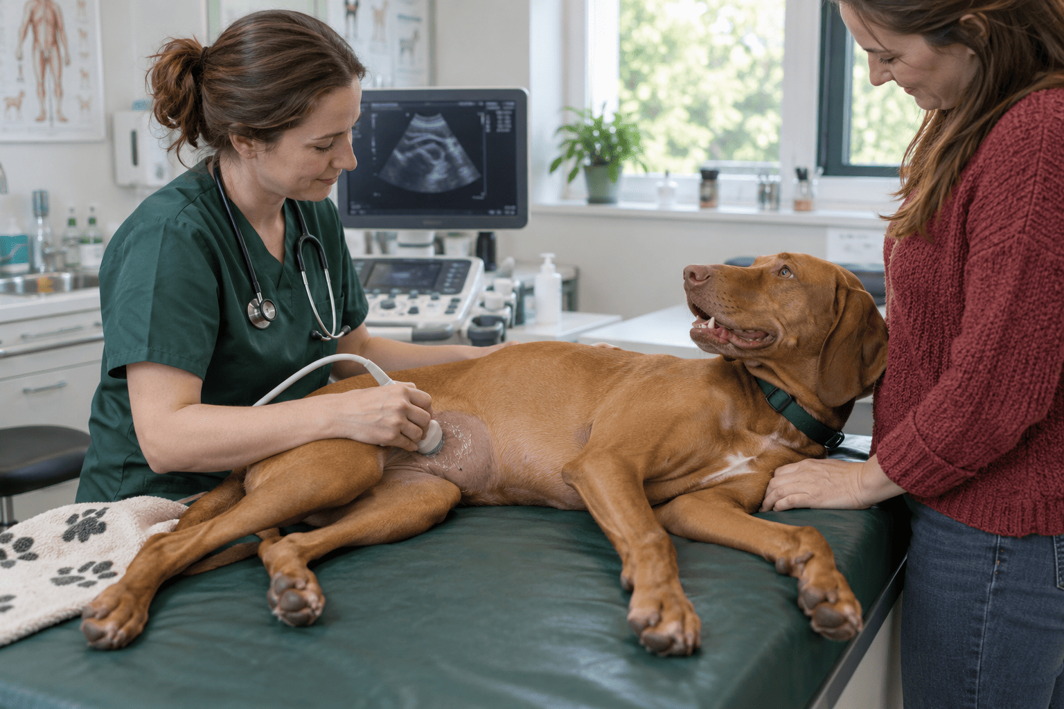 Veterinárka vyšetruje močový mechúr psa ultrazvukom